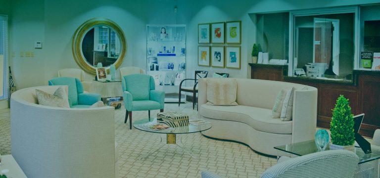 Light and cozy office hall in cream and turquoise colors