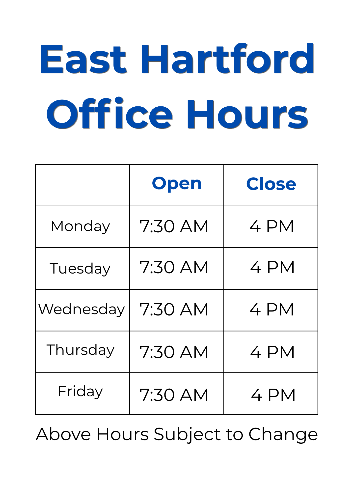 East Hartford Shop Hours