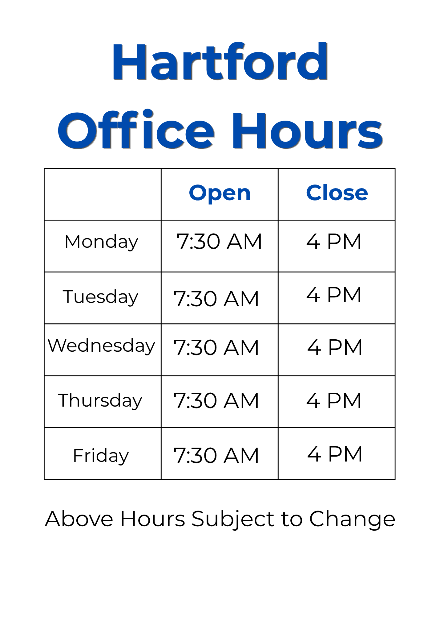 Hartford Shop Hours