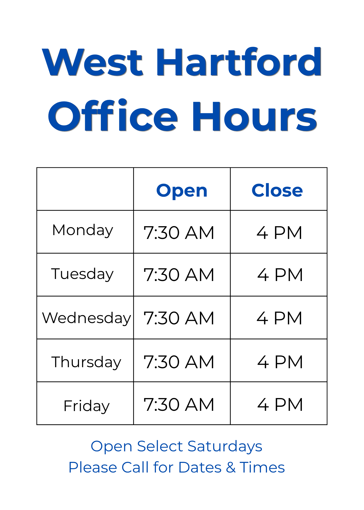 West Hartford Shop Hours
