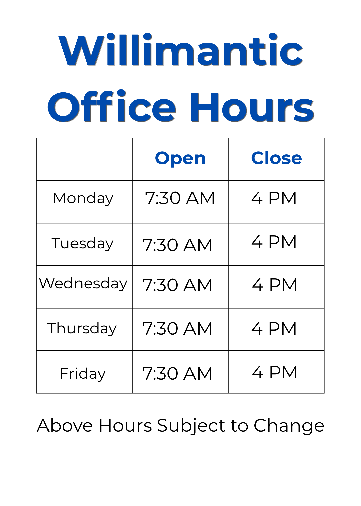 Willimantic Shop Hours