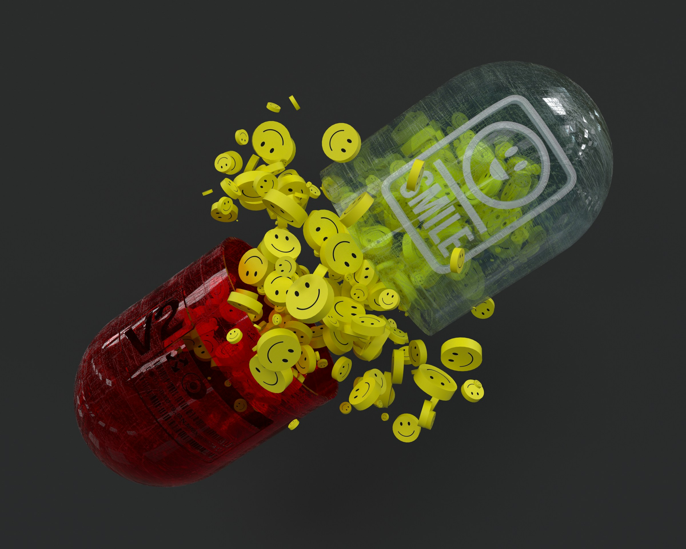 Pill with smiling faces withing